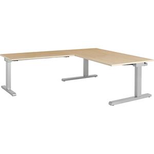 mauser Bureau, geschakeld, b x d = 1600 x 900 mm, hoekaanzet links (breedte 1200 mm), blad ahornhoutdecor, onderstel blank aluminiumkleurig