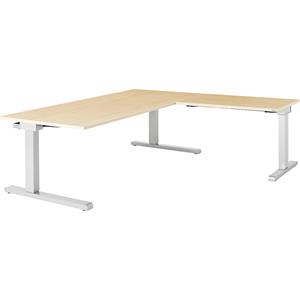 mauser Bureau, geschakeld, b x d = 1800 x 900 mm, hoekaanzet rechts (breedte 1000 mm), blad ahornhoutdecor, onderstel blank aluminiumkleurig
