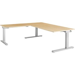 mauser Bureau, geschakeld, b x d = 1800 x 900 mm, hoekaanzet links (breedte 1000 mm), blad ahornhoutdecor, onderstel blank aluminiumkleurig