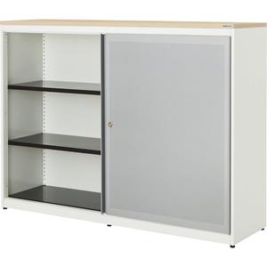 mauser Schuifdeurkast, akoestisch effect, kunststof blad, h x b x d = 1180 x 1600 x 432 mm, 2 x 2 legborden, zuiver wit / blank aluminiumkleurig / ahornhoutdecor