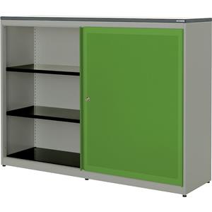 mauser Schuifdeurkast, akoestisch effect, kunststof blad, h x b x d = 1180 x 1600 x 432 mm, 2 x 2 legborden, blank aluminiumkleurig / geelgroen / wit