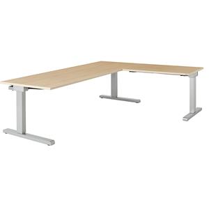 mauser Bureau, geschakeld, b x d = 2000 x 800 mm, hoekaanzet rechts (breedte 1000 mm), blad ahornhoutdecor, onderstel blank aluminiumkleurig