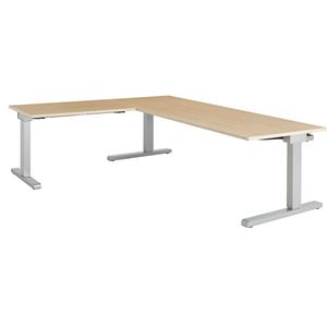 mauser Bureau, geschakeld, b x d = 2000 x 800 mm, hoekaanzet links (breedte 1000 mm), blad ahornhoutdecor, onderstel blank aluminiumkleurig