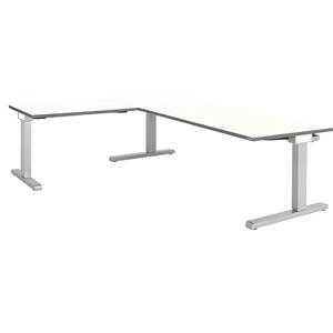 mauser Bureau, geschakeld, b x d = 2000 x 800 mm, hoekaanzet links (breedte 1000 mm), blad wit, onderstel blank aluminiumkleurig