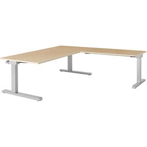mauser Bureau, geschakeld, b x d = 1800 x 900 mm, hoekaanzet rechts (breedte 1200 mm), blad ahornhoutdecor, onderstel blank aluminiumkleurig