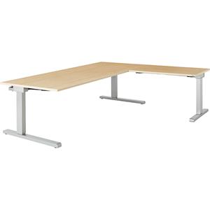 mauser Bureau, geschakeld, b x d = 2000 x 900 mm, hoekaanzet rechts (breedte 1000 mm), blad ahornhoutdecor, onderstel blank aluminiumkleurig