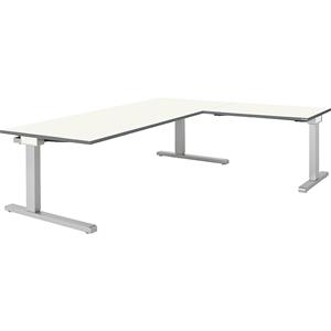 mauser Bureau, geschakeld, b x d = 2000 x 900 mm, hoekaanzet rechts (breedte 1000 mm), blad wit, onderstel blank aluminiumkleurig