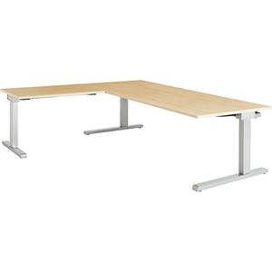 mauser Bureau, geschakeld, b x d = 2000 x 900 mm, hoekaanzet links (breedte 1000 mm), blad ahornhoutdecor, onderstel blank aluminiumkleurig