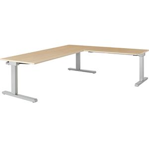 mauser Bureau, geschakeld, b x d = 2000 x 800 mm, hoekaanzet rechts (breedte 1200 mm), blad ahornhoutdecor, onderstel blank aluminiumkleurig