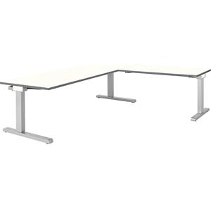 mauser Bureau, geschakeld, b x d = 2000 x 800 mm, hoekaanzet rechts (breedte 1200 mm), blad wit, onderstel blank aluminiumkleurig