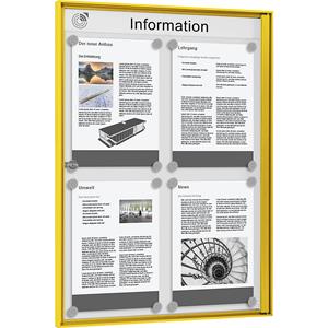 Vitrinekast voor binnen, voor formaat 2 x 2 A4, frame geel