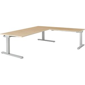 mauser Bureau, geschakeld, b x d = 2000 x 900 mm, hoekaanzet rechts (breedte 1200 mm), blad ahornhoutdecor, onderstel blank aluminiumkleurig