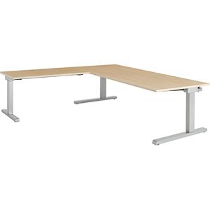 mauser Bureau, geschakeld, b x d = 2000 x 900 mm, hoekaanzet links (breedte 1200 mm), blad ahornhoutdecor, onderstel blank aluminiumkleurig