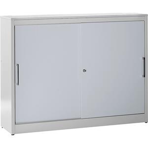 mauser Schuifdeurkast, bijzetkast, 4 legborden, tussenwand, h x b x d = 1240 x 1600 x 420 mm, lichtgrijs / blank aluminiumkleurig