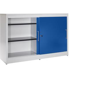 mauser Schuifdeurkast, bijzetkast, 4 legborden, tussenwand, h x b x d = 1040 x 1600 x 420 mm, lichtgrijs / ultramarijnblauw