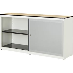 mauser Schuifdeurkast, akoestisch effect, blad met massieve kern, h x b x d = 818 x 1600 x 432 mm, 2 x 1 legbord, zuiver wit / blank aluminiumkleurig / ahornhoutdecor