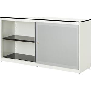 mauser Schuifdeurkast, akoestisch effect, blad met massieve kern, h x b x d = 818 x 1600 x 432 mm, 2 x 1 legbord, zuiver wit / blank aluminiumkleurig / wit