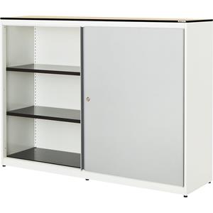 mauser Schuifdeurkast, h x b x d = 1168 x 1600 x 432 mm, blad met massieve kern, 2 x 2 legborden, zuiver wit / blank aluminiumkleurig / ahornhoutdecor