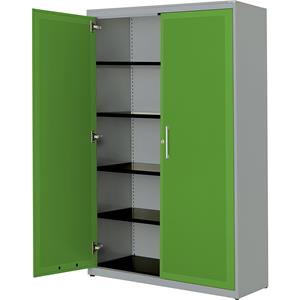 mauser Vleugeldeurkast, akoestisch effect, h x b x d = 1956 x 1200 x 432 mm, 4 legborden, blank aluminiumkleurig / geelgroen