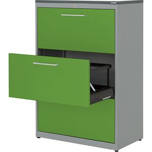 mauser Hangmappenkast, kunststof blad, 3 laden, 2 rijen, met sluitdemping, blank aluminiumkleurig / geelgroen / wit