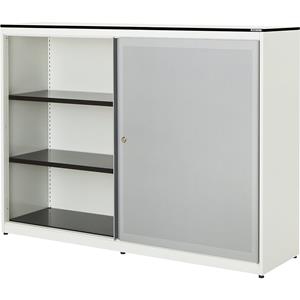 mauser Schuifdeurkast, akoestisch effect, blad met massieve kern, h x b x d = 1168 x 1600 x 432 mm, 2 x 2 legborden, zuiver wit / blank aluminiumkleurig / wit