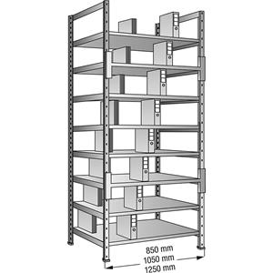 Ordner- en archief-inhaakstelling, verzinkt, hoogte 3000 mm, dubbelzijdig, legbord-b x d = 1000 x 600 mm, basisstelling