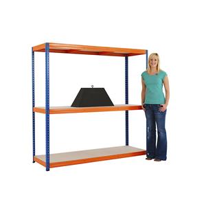 Steckregal, blau / orange Feldlast 1200 kg HxBxT 1780 x 1800 x 600 mm, 3 Spanplattenböden