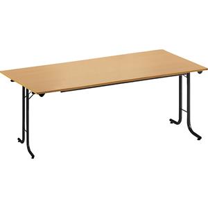 Inklapbare tafel, met afgeronde randen, tafelpoten van staalbuis, bladvorm rechthoekig, 1600 x 700 mm, frame zwart, blad beukenhoutdecor