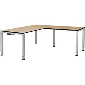 mauser Bureautafel, aaneengeschakeld, voet van vierkante / rechthoekige buis, h x b x d = 650 - 850 x 1600 x 800 mm, blad met massieve kern, hoekaanzet rechts, blad ahornhoutdecor, onderstel aluminium