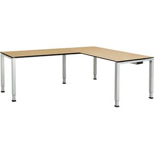 mauser Bureautafel, aaneengeschakeld, voet van vierkante / rechthoekige buis, h x b x d = 650 - 850 x 1600 x 800 mm, blad met massieve kern, hoekaanzet links, blad ahornhoutdecor, onderstel aluminiumk