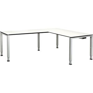 mauser Bureautafel, aaneengeschakeld, voet van vierkante / rechthoekige buis, h x b x d = 650 - 850 x 1600 x 800 mm, blad met massieve kern, hoekaanzet links, blad wit, onderstel aluminiumkleurig