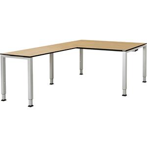 mauser Bureautafel, aaneengeschakeld, voet van vierkante / rechthoekige buis, h x b x d = 650 - 850 x 1600 x 900 mm, blad met massieve kern, hoekaanzet links, blad ahornhoutdecor, onderstel aluminiumk