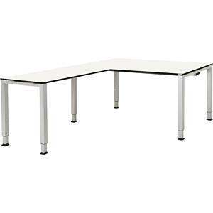 mauser Bureautafel, aaneengeschakeld, voet van vierkante / rechthoekige buis, h x b x d = 650 - 850 x 1600 x 900 mm, blad met massieve kern, hoekaanzet links, blad wit, onderstel aluminiumkleurig