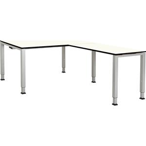 mauser Bureautafel, aaneengeschakeld, voet van vierkante / rechthoekige buis, h x b x d = 650 - 850 x 1600 x 900 mm, blad met massieve kern, hoekaanzet rechts, blad wit, onderstel aluminiumkleurig