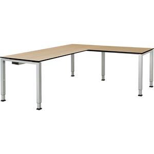 mauser Bureautafel, aaneengeschakeld, voet van vierkante / rechthoekige buis, h x b x d = 650 - 850 x 1800 x 800 mm, blad met massieve kern, hoekaanzet rechts, blad ahornhoutdecor, onderstel aluminium