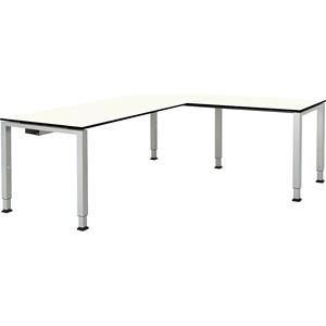 mauser Bureautafel, aaneengeschakeld, voet van vierkante / rechthoekige buis, h x b x d = 650 - 850 x 1800 x 800 mm, blad met massieve kern, hoekaanzet rechts, blad wit, onderstel aluminiumkleurig