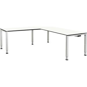 mauser Bureautafel, aaneengeschakeld, voet van vierkante / rechthoekige buis, h x b x d = 650 - 850 x 1800 x 800 mm, blad met massieve kern, hoekaanzet links, blad wit, onderstel aluminiumkleurig