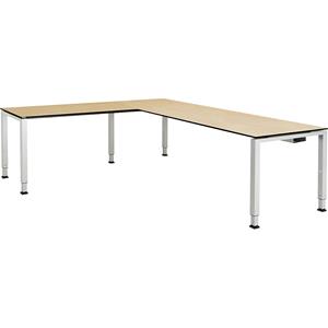 mauser Bureautafel, aaneengeschakeld, voet van vierkante / rechthoekige buis, h x b x d = 650 - 850 x 2000 x 800 mm, blad met massieve kern, hoekaanzet links, blad ahornhoutdecor, onderstel aluminiumk