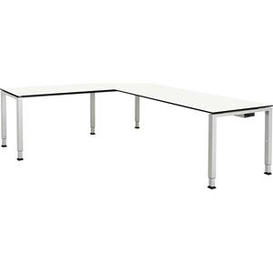 mauser Bureautafel, aaneengeschakeld, voet van vierkante / rechthoekige buis, h x b x d = 650 - 850 x 2000 x 800 mm, blad met massieve kern, hoekaanzet links, blad wit, onderstel aluminiumkleurig