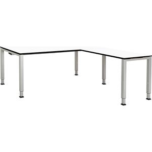 mauser Bureautafel, aaneengeschakeld, voet van vierkante / rechthoekige buis, h x b x d = 650 - 850 x 1800 x 900 mm, blad met massieve kern, hoekaanzet rechts, blad wit, onderstel aluminiumkleurig