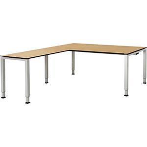 mauser Bureautafel, aaneengeschakeld, voet van vierkante / rechthoekige buis, h x b x d = 650 - 850 x 1800 x 900 mm, blad met massieve kern, hoekaanzet links, blad ahornhoutdecor, onderstel aluminiumk