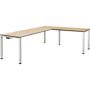 mauser Bureautafel, aaneengeschakeld, voet van vierkante / rechthoekige buis, h x b x d = 650 - 850 x 2000 x 800 mm, blad met massieve kern, hoekaanzet rechts, blad ahornhoutdecor, onderstel aluminium