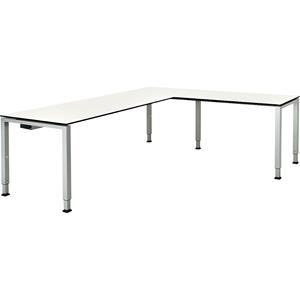 mauser Bureautafel, aaneengeschakeld, voet van vierkante / rechthoekige buis, h x b x d = 650 - 850 x 2000 x 800 mm, blad met massieve kern, hoekaanzet rechts, blad wit, onderstel aluminiumkleurig