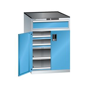 Lista Schubladenschrank mit Flügeltüren Höhe 1020 mm, 2 Böden, 3 Schubladen, Traglast 75 kg lichtgrau / lichtblau