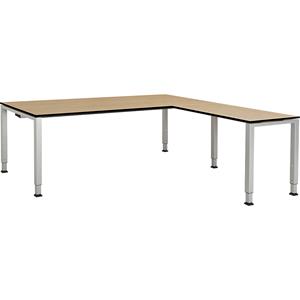 mauser Bureautafel, aaneengeschakeld, voet van vierkante / rechthoekige buis, h x b x d = 650 - 850 x 2000 x 900 mm, blad met massieve kern, hoekaanzet rechts, blad ahornhoutdecor, onderstel aluminium