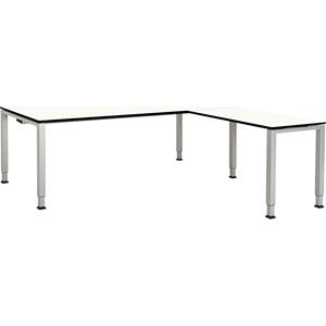 mauser Bureautafel, aaneengeschakeld, voet van vierkante / rechthoekige buis, h x b x d = 650 - 850 x 2000 x 900 mm, blad met massieve kern, hoekaanzet rechts, blad wit, onderstel aluminiumkleurig