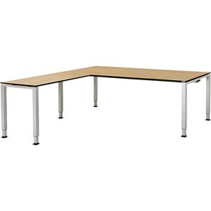 mauser Bureautafel, aaneengeschakeld, voet van vierkante / rechthoekige buis, h x b x d = 650 - 850 x 2000 x 900 mm, blad met massieve kern, hoekaanzet links, blad ahornhoutdecor, onderstel aluminiumk
