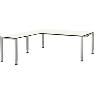 mauser Bureautafel, aaneengeschakeld, voet van vierkante / rechthoekige buis, h x b x d = 650 - 850 x 2000 x 900 mm, blad met massieve kern, hoekaanzet links, blad wit, onderstel aluminiumkleurig