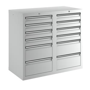 Ladekast, h x b x d = 900 x 1000 x 500 mm, 8 laden 100 mm, 4 laden 200 mm hoog, kastframe en laden grijs
