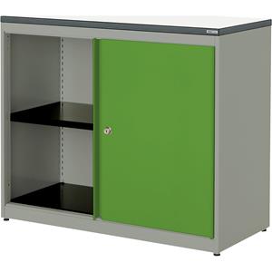 mauser Schuifdeurkast, h x b x d = 830 x 1000 x 432 mm, kunststof blad, 1 legbord, blank aluminiumkleurig / geelgroen / wit